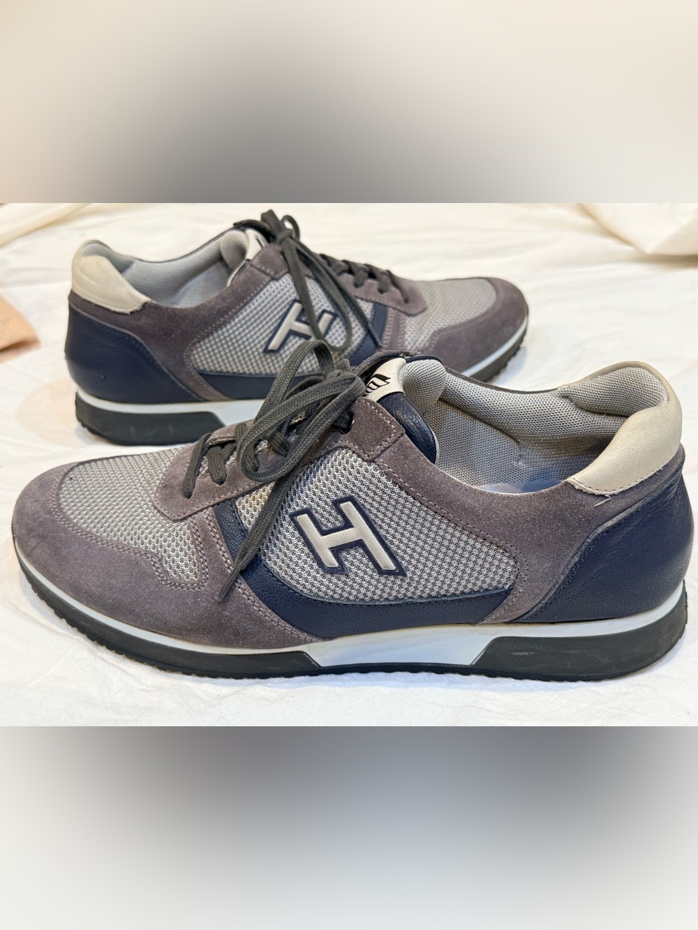 Hogan Interactive Men’s Sneakers Gray Suede Mesh Navy Leather US 9.5